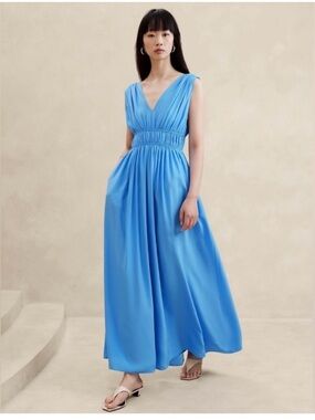 Banana Republic silk Bright Blue V-Neck Sleeveless Maxi Dress